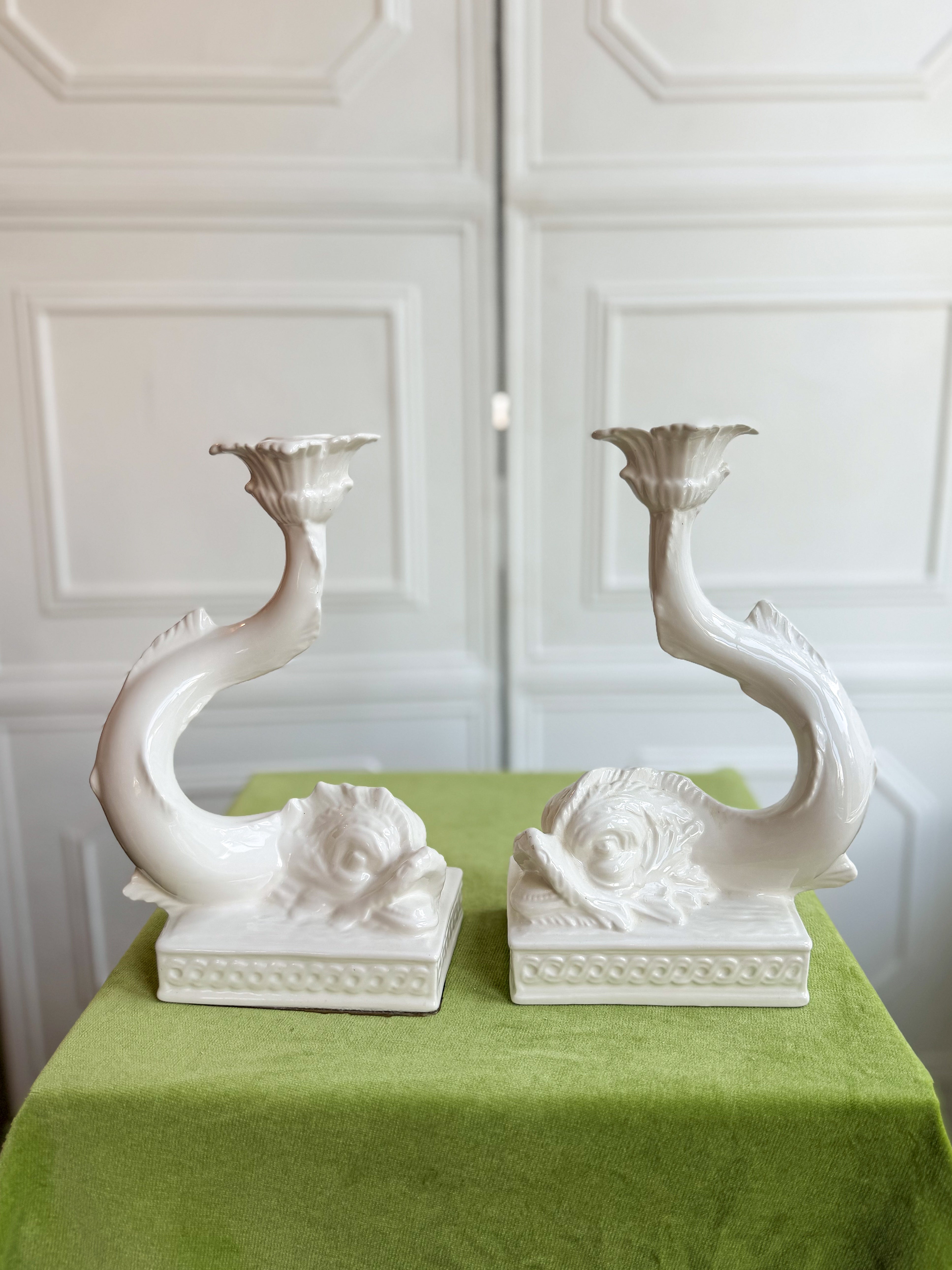 Vintage Tiffany & Co. Blanc de Chine Dolphin Candlesticks — Pair