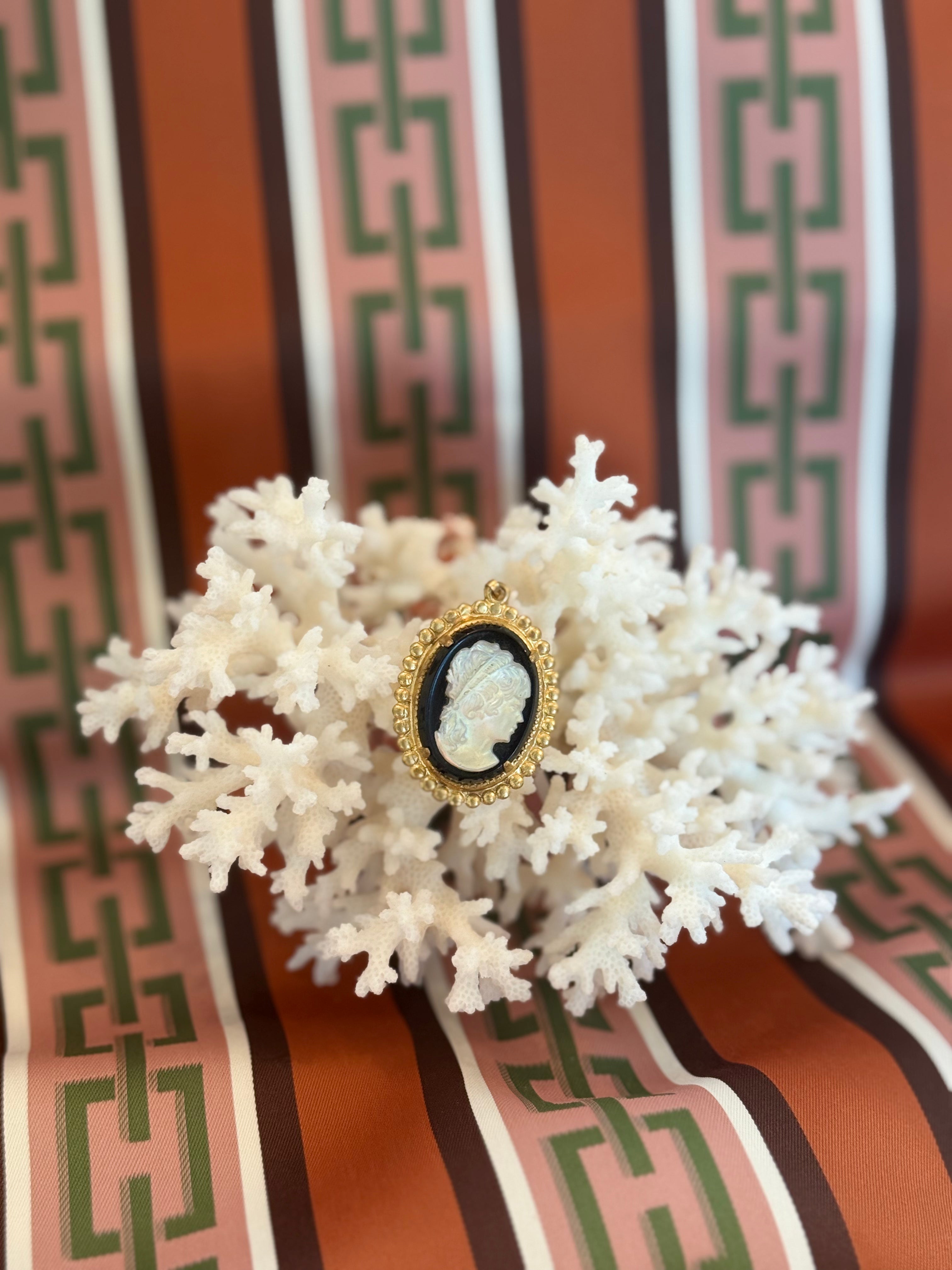 Vintage Cameo Pendant Gold and Black Iridescent Abalone Shell