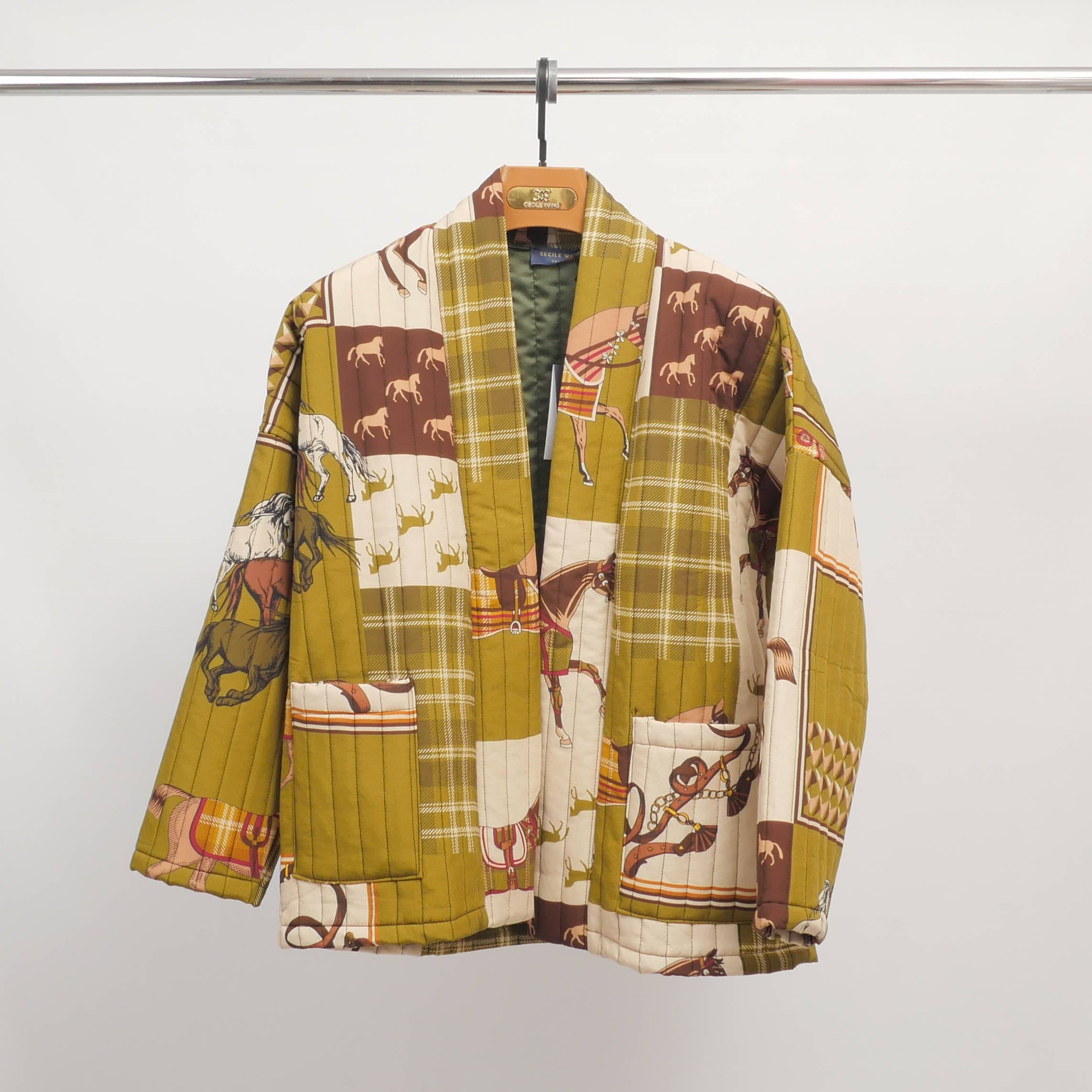 Olive Quilted jacket with equestrian print