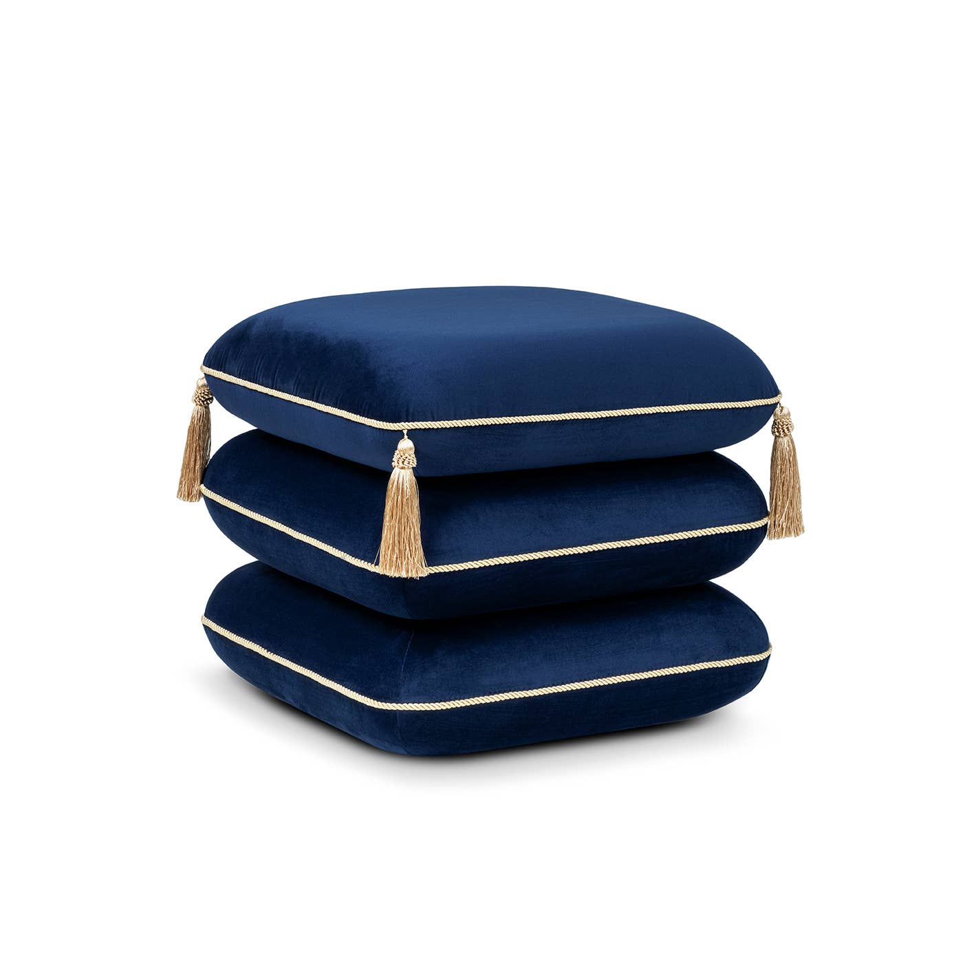 Three stacked navy blue velvet square cushions with gold piping and tassels, photographed on a clean white background.