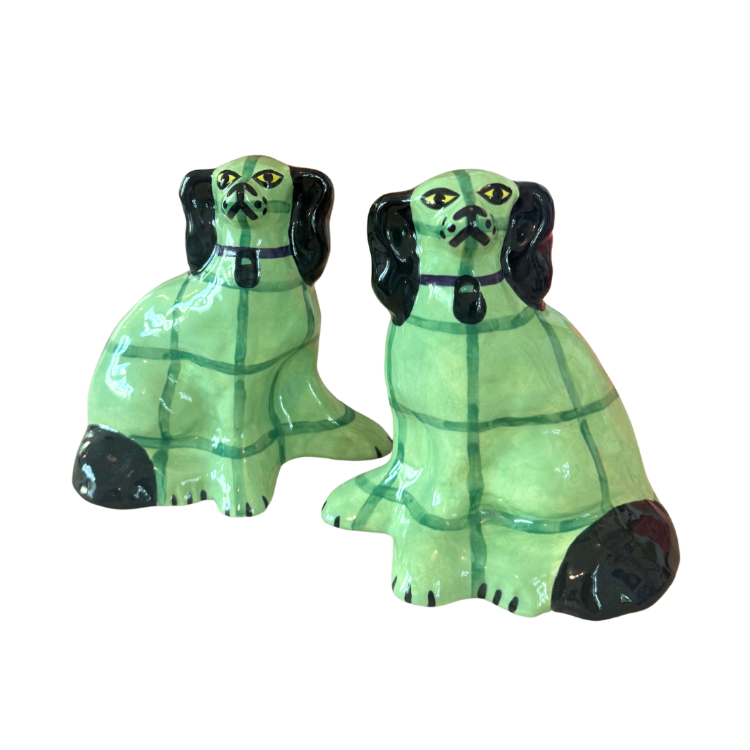 Pair of Green Striped Staffordshire Dogs by Paul Cannon
