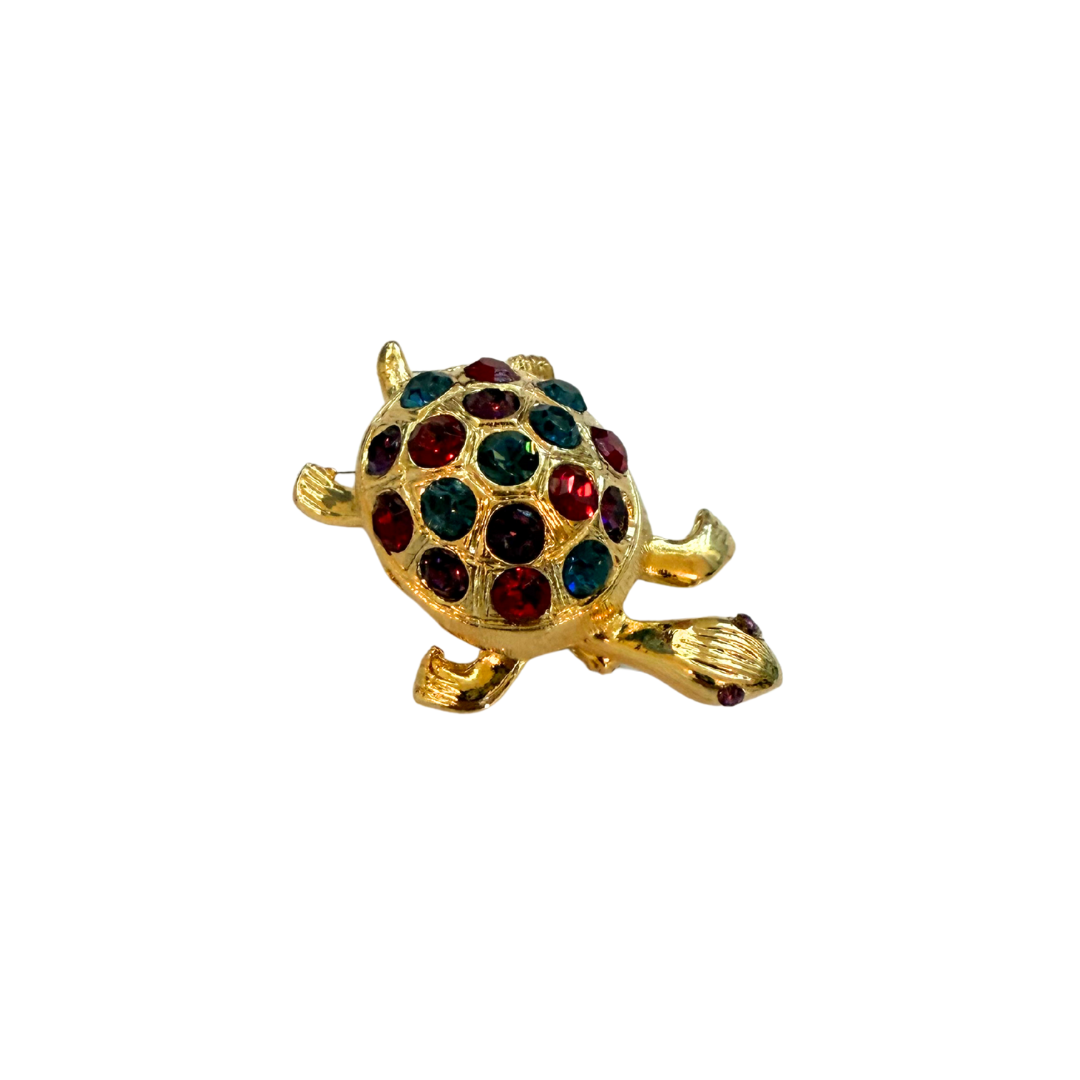 Vintage 1990s Gold Tone Red Blue Purple Crystal Turtle Pin Brooch