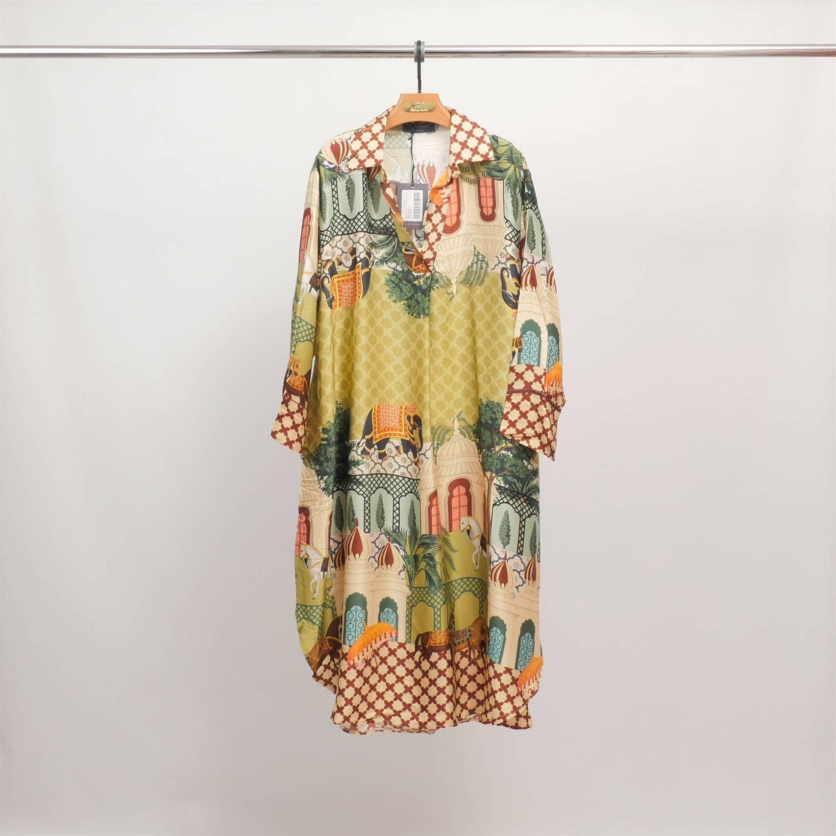 Indian palace print fluid dress in Olive