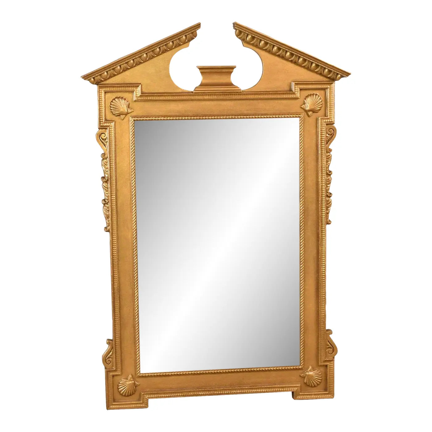 Late 20th Century Neoclassical Gilded Pediment Mirror With Shell Detail