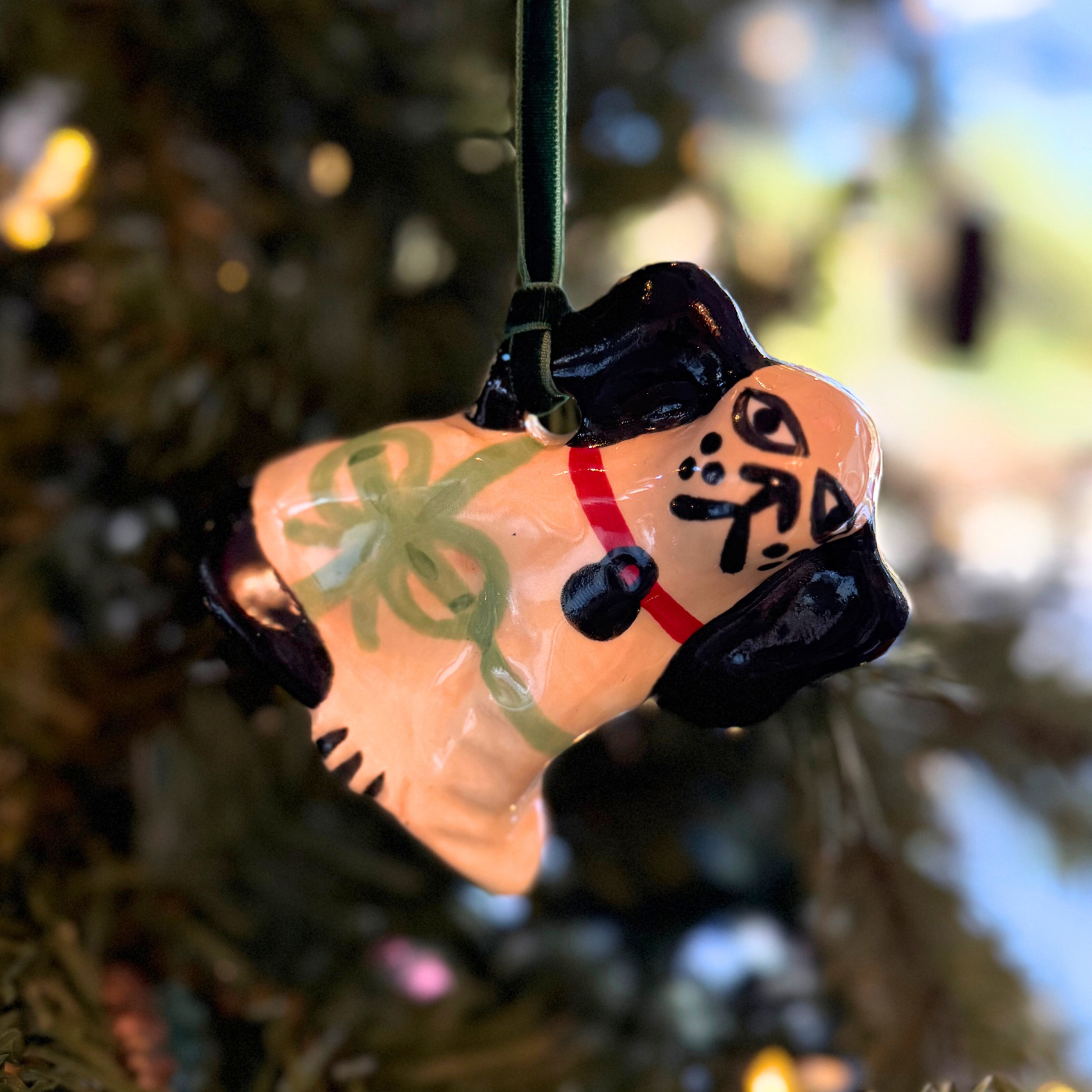 Paul Cannon Staffordshire Dog Ornament - Light Pink with Green Bow