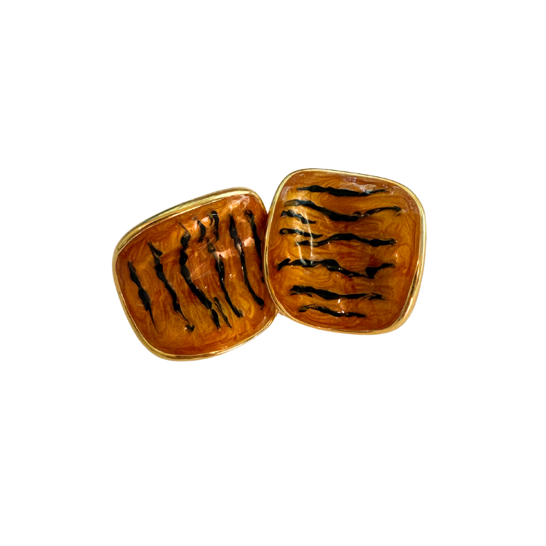 Vintage 1980-90s Gold Tone Brown/Black Enamel Animal Print Earrings