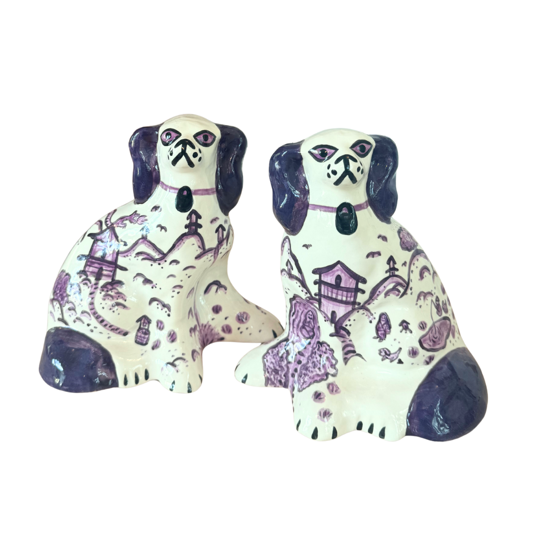 Pair of Purple Chinoiserie Staffordshire Dogs by Paul Cannon