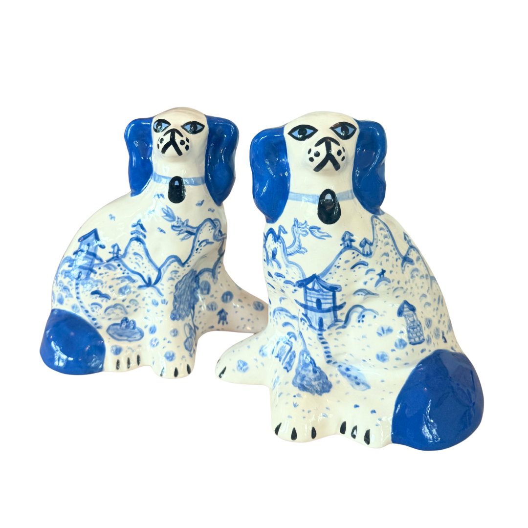 Pair of Blue Chinoiserie Staffordshire Dogs by Paul Cannon
