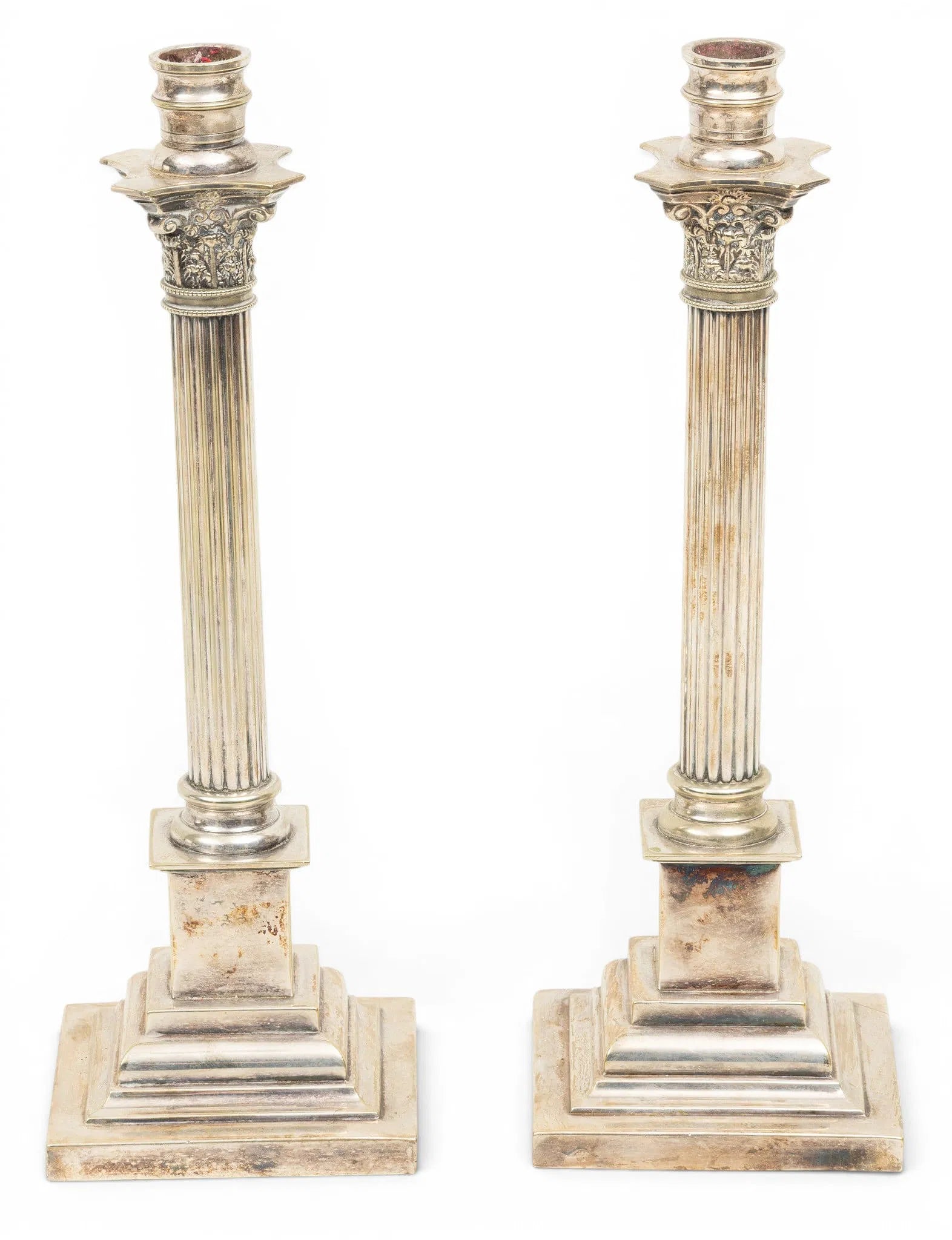 Early 20th-Century English Corinthian Column Candlesticks, Pair