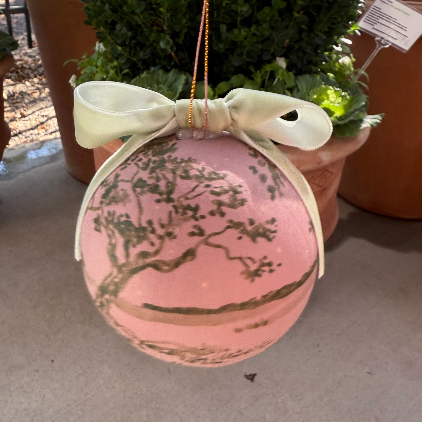 Hand-painted Ornament by Sarah Schools - Green on Pink