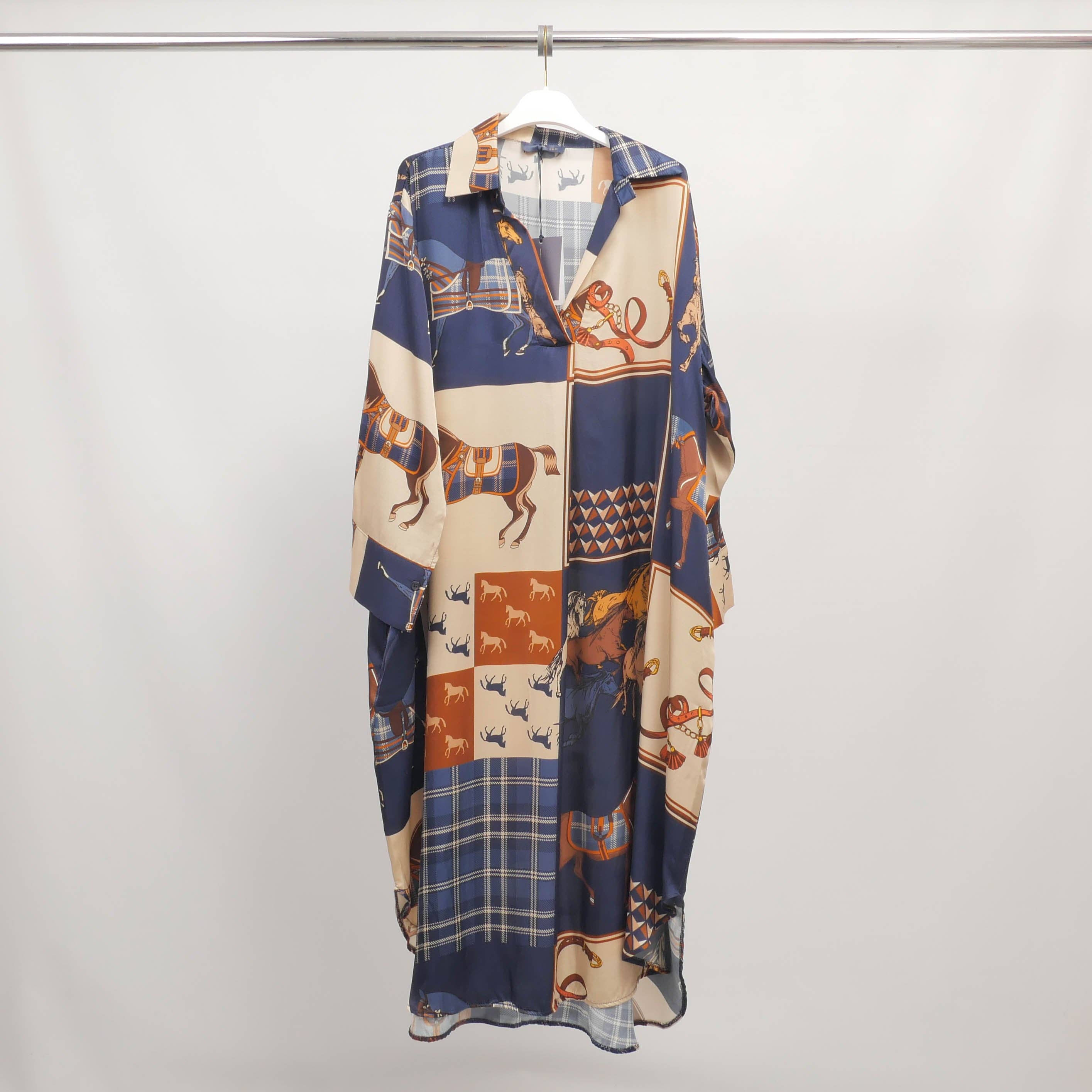 Equestrian print shirt dress in Bleu Marine
