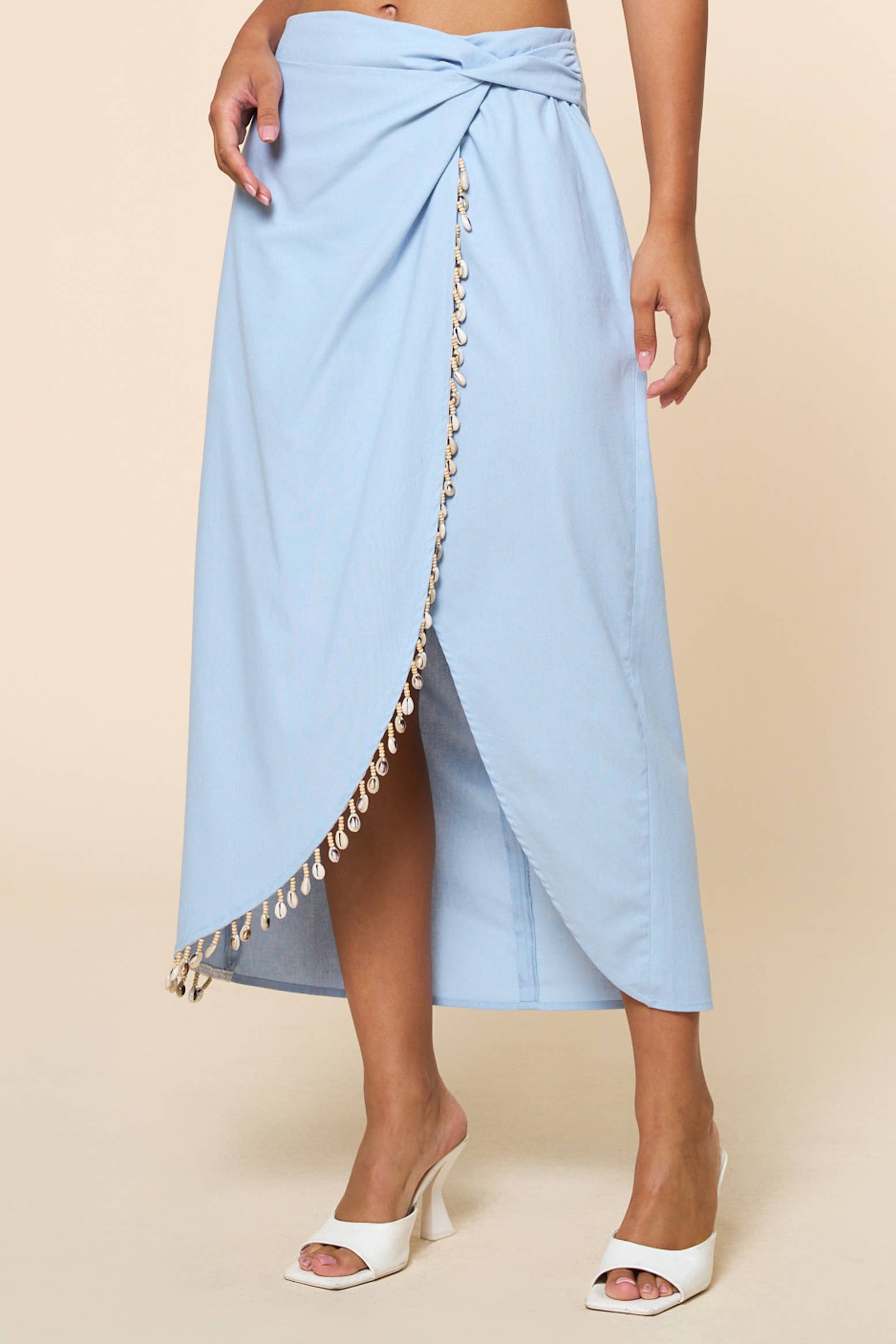 Light Blue Shell & Beads Trim Warp Midi Skirt