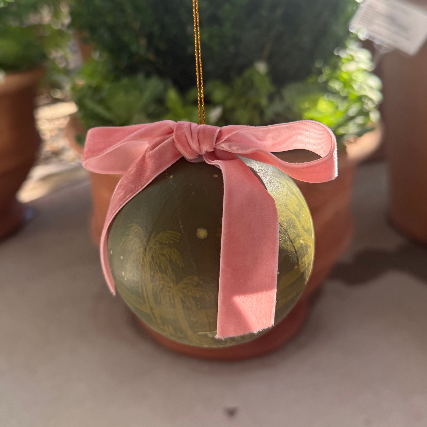 Hand-painted Ornament by Sarah Schools - Light on Dark Green