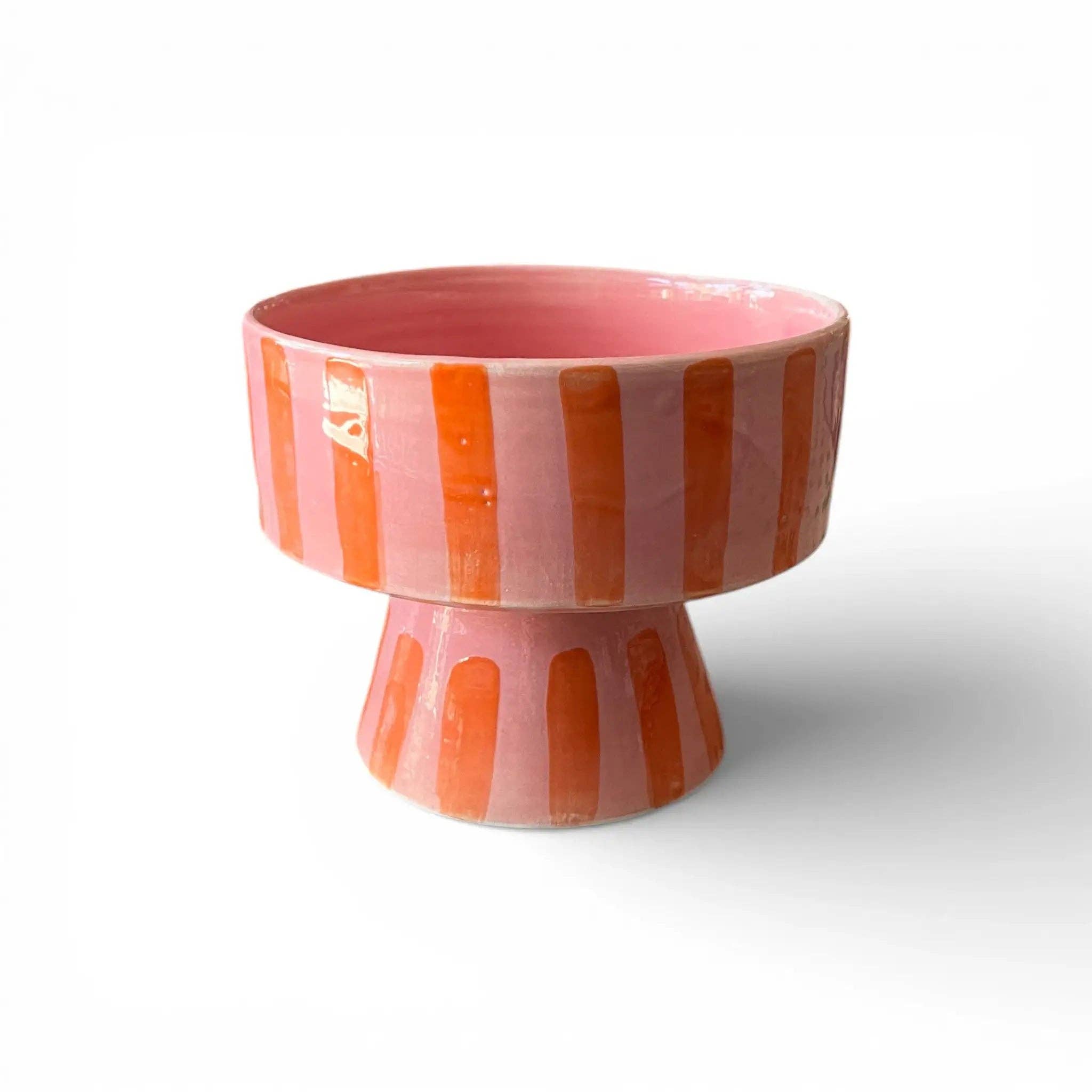 Hand-Painted Pedestal Bowl in Rose Pink and Terracotta Stripes
