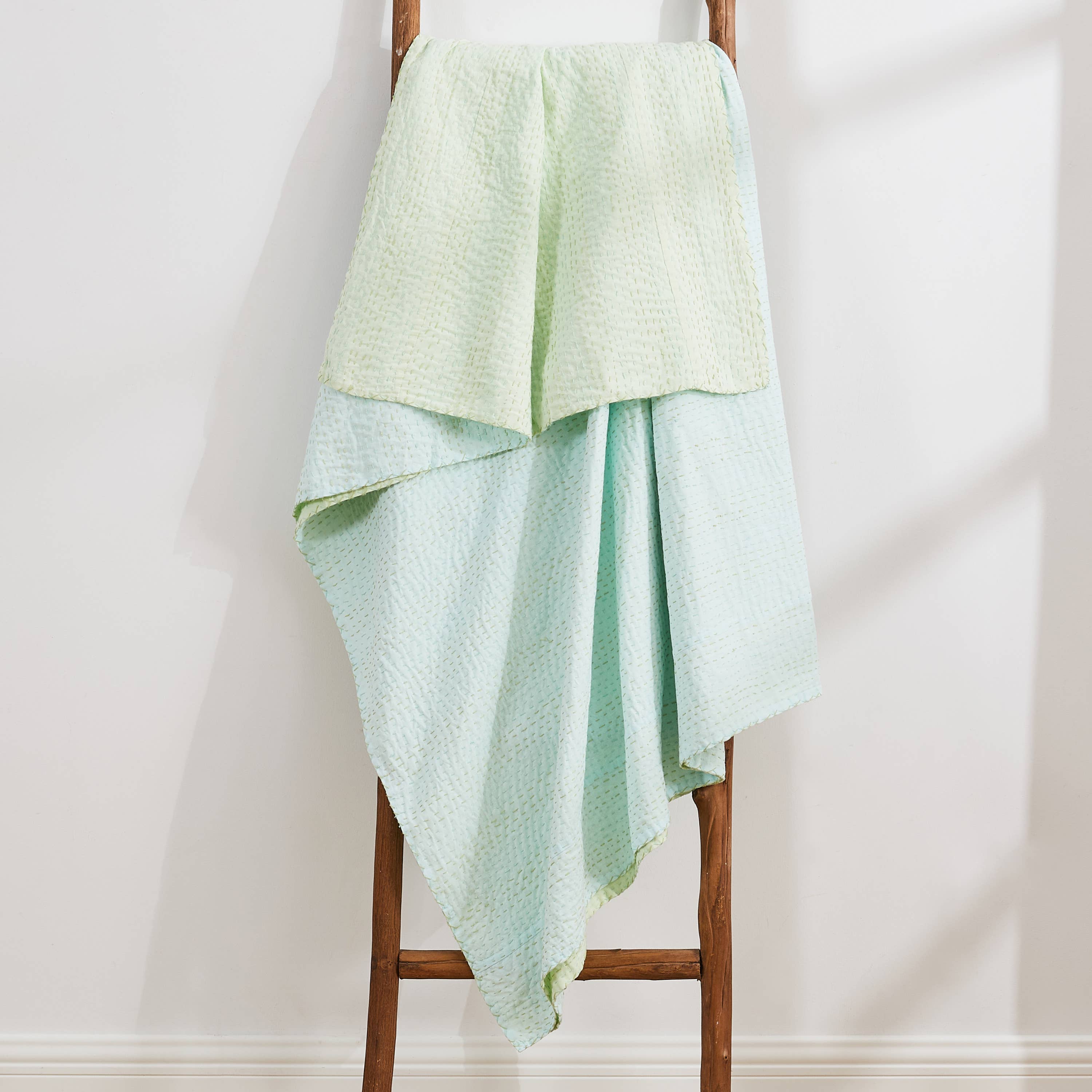 Hand Stitched Reversible Kantha Throws: Aqua/Lime