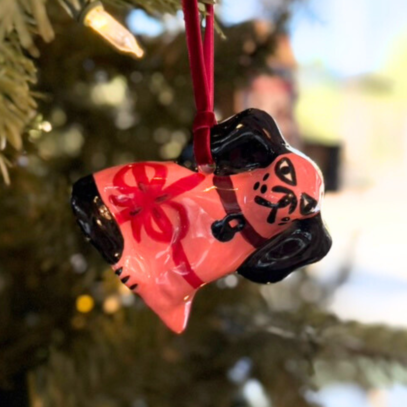 Paul Cannon Staffordshire Dog Ornament - Pink with Red Bow