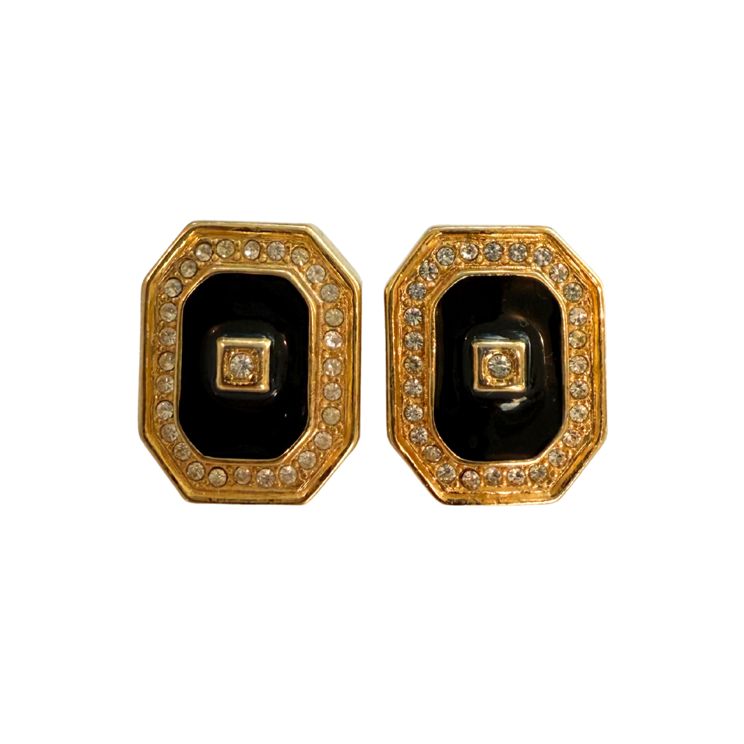 Vintage 1980-90s Gold Tone Black Enamel 56 Crystals Shield Pierced Earrings