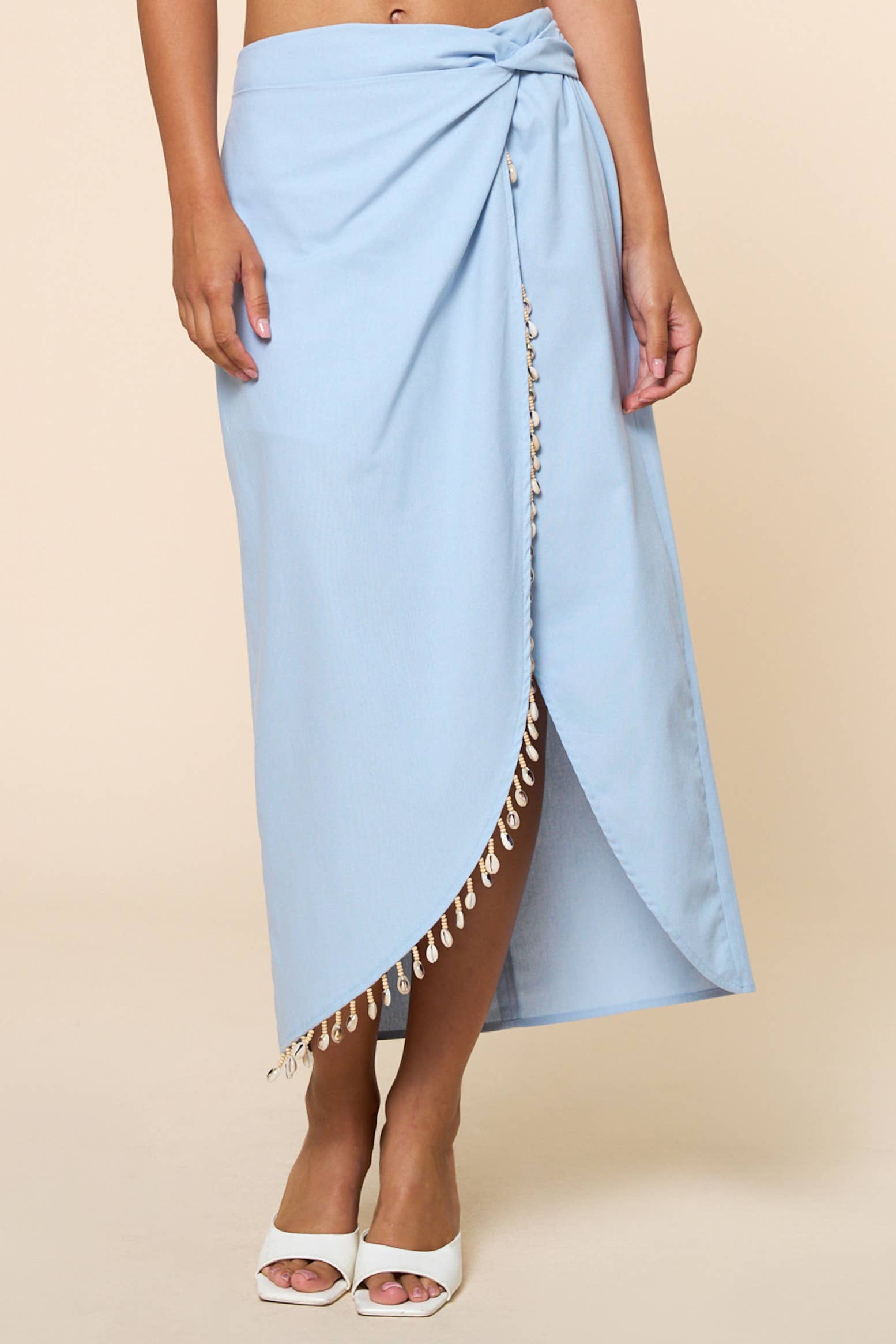 Light Blue Shell & Beads Trim Warp Midi Skirt