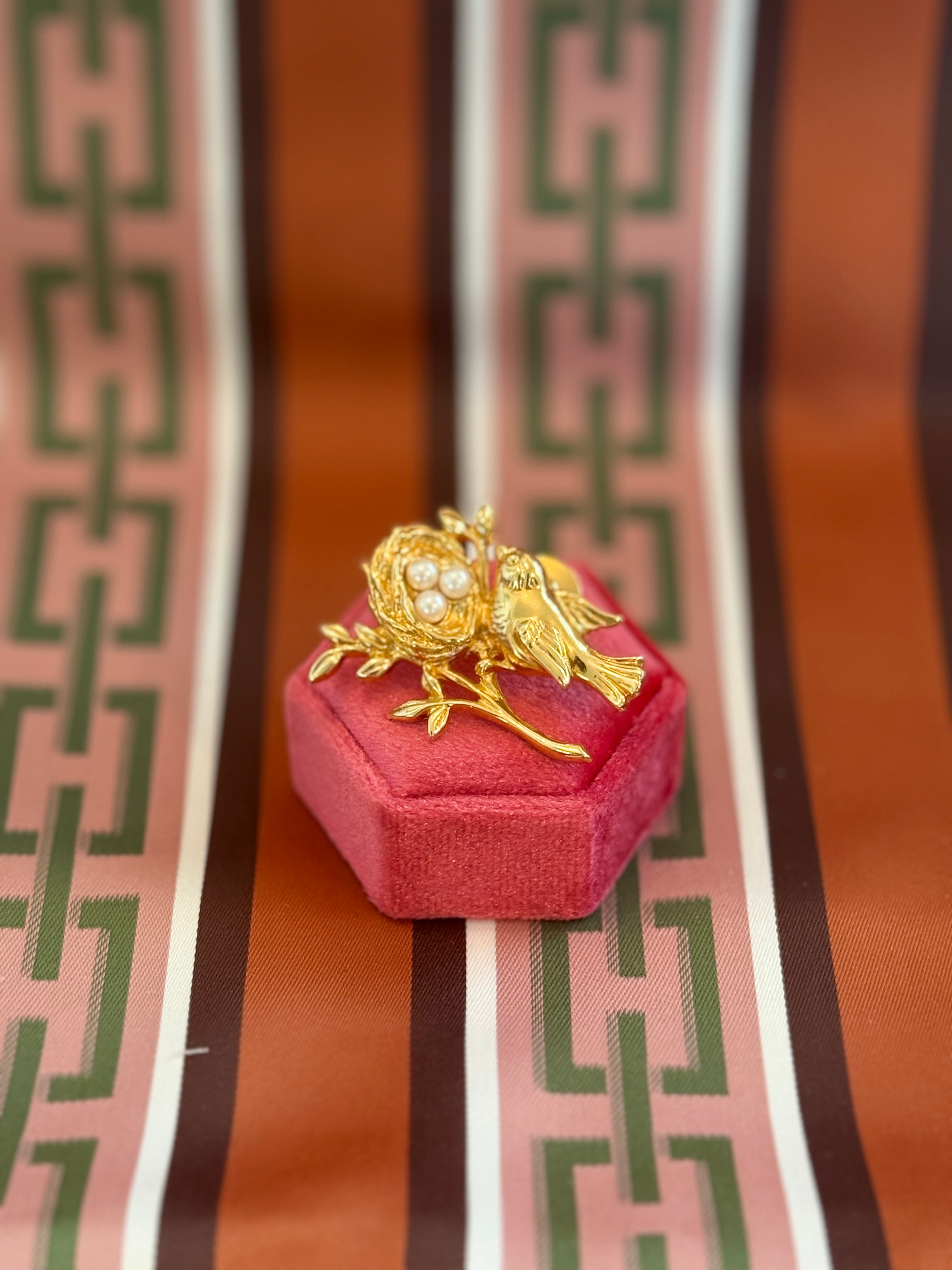 Vintage AVON Gold Bird & Nest with Pearl Eggs Lapel Pin