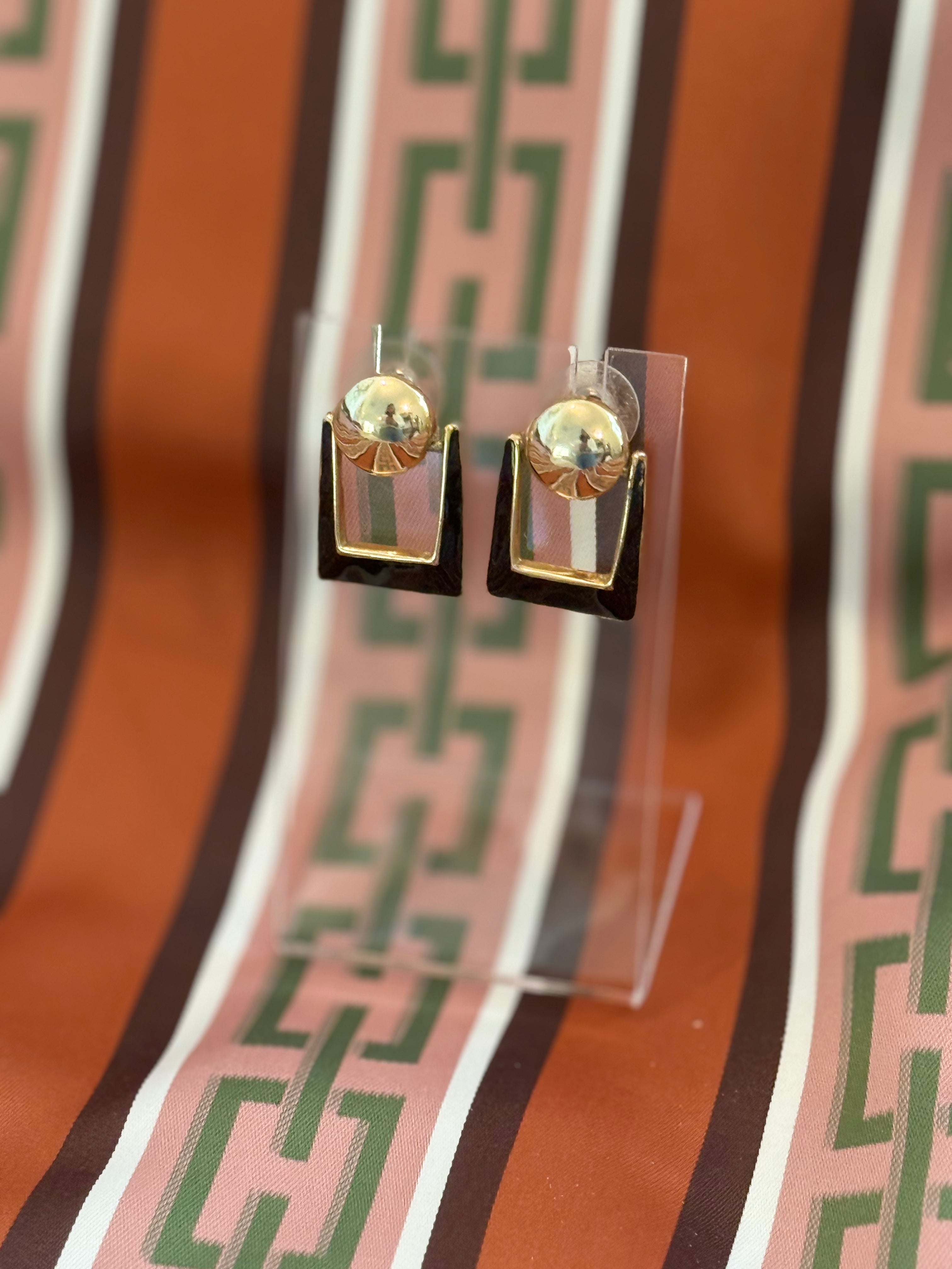 Vintage Black Enamel & Gold Doorknocker Earrings