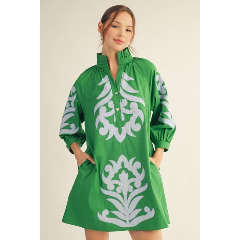 Kelly Green Floral Applique Shift Dress