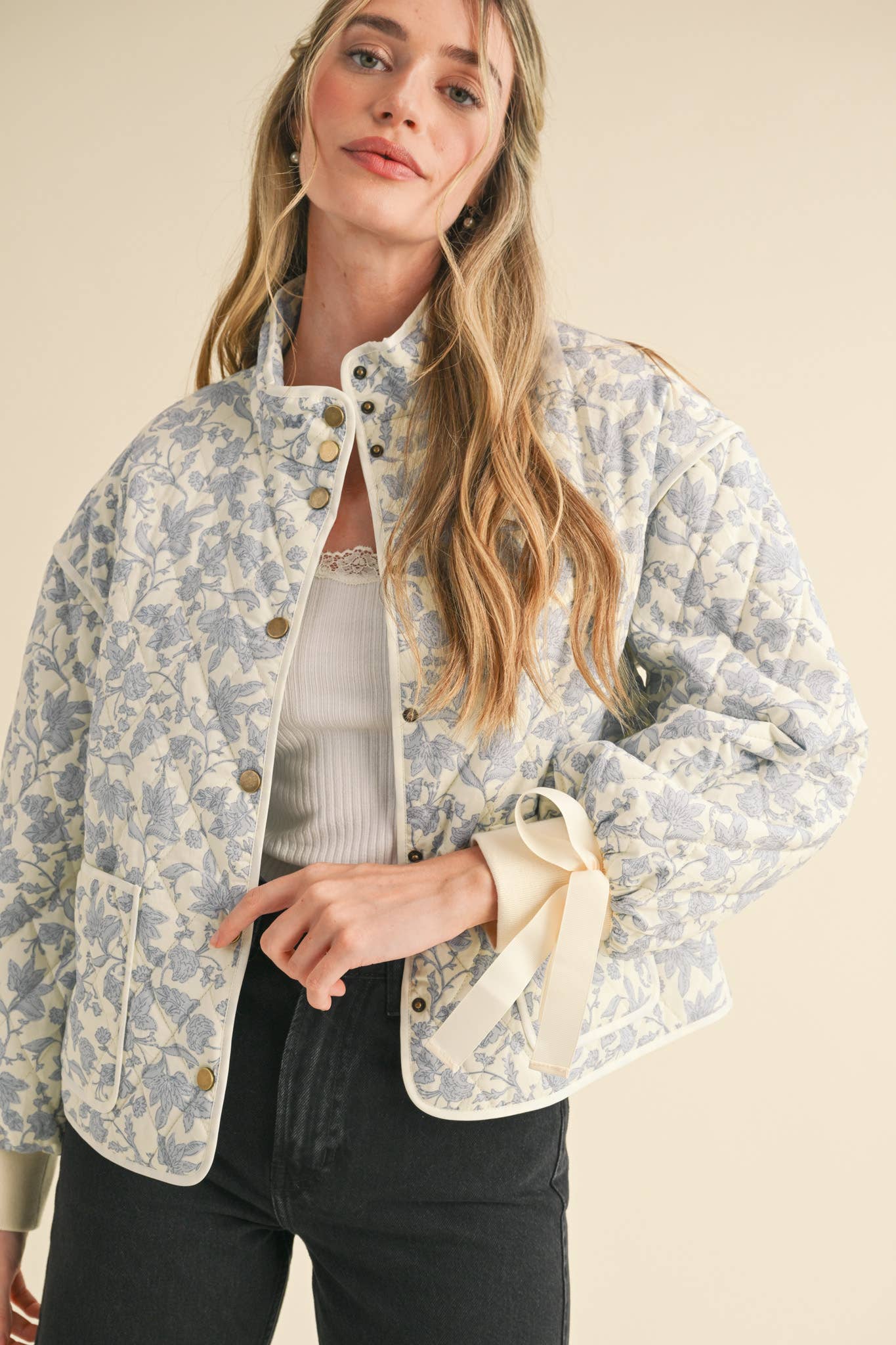 Floral Quilted Jacket with Ribbon Detail