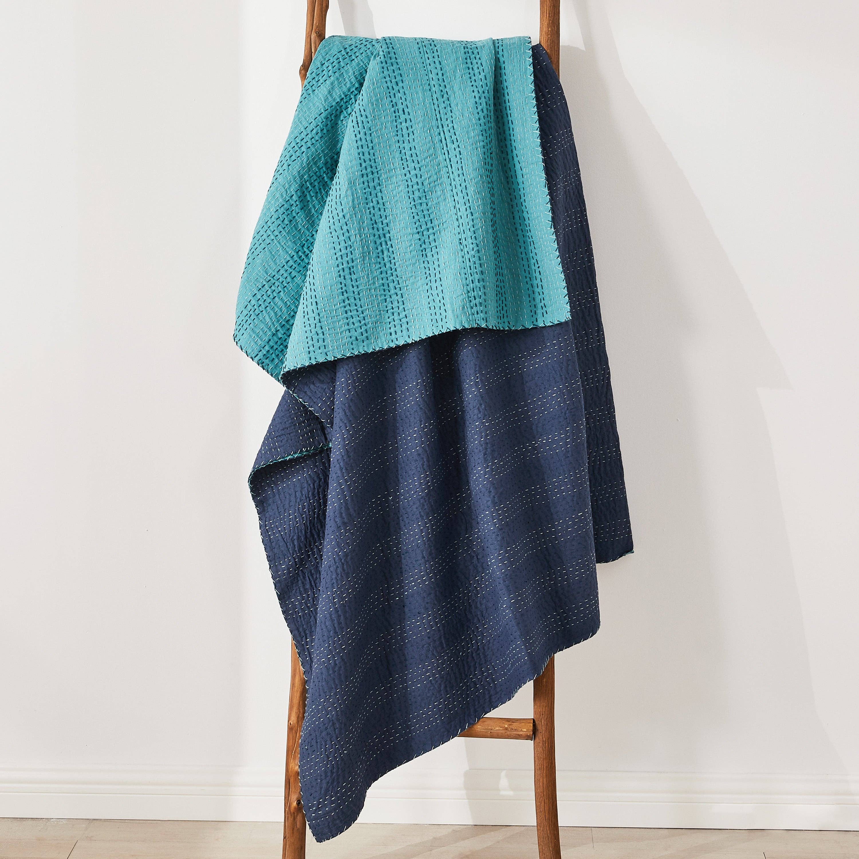 Hand Stitched Reversible Kantha Throws: Navy/Teal