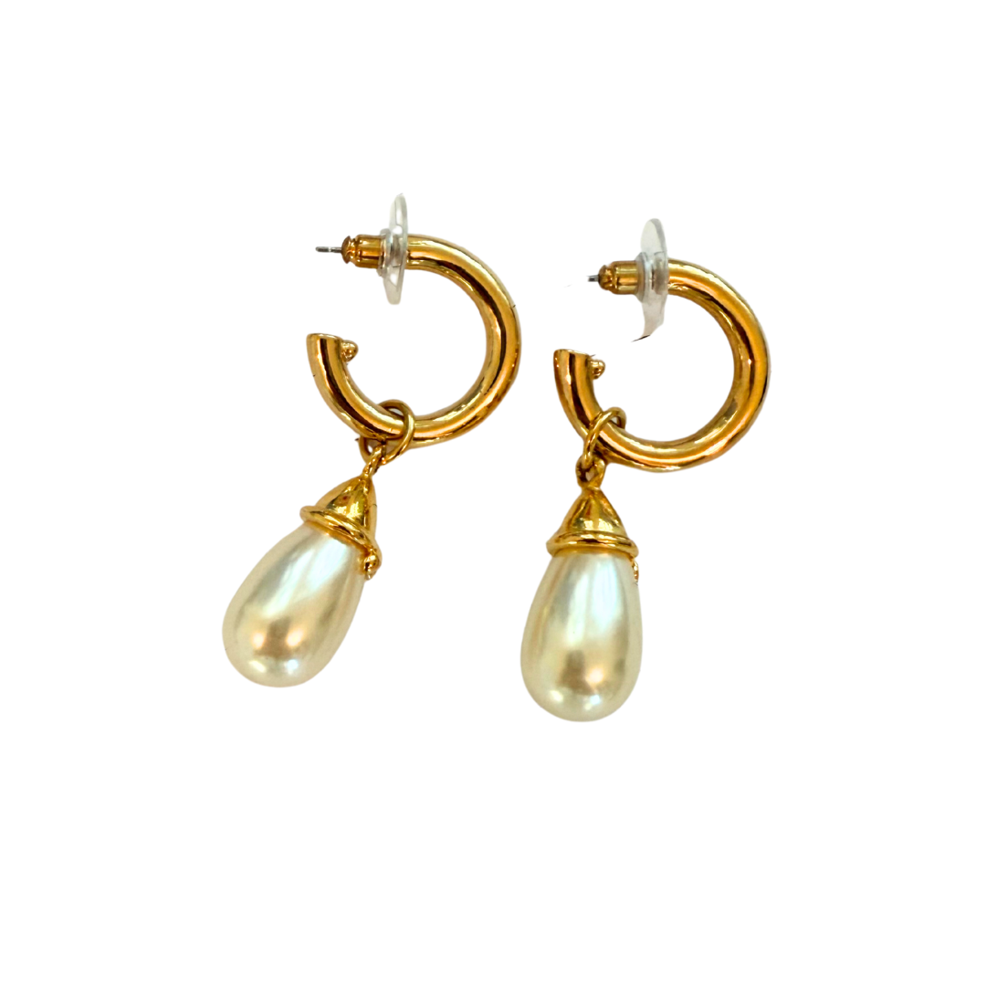 Vintage 1990s Gold Tone Faux Pearl Drop Hoop Pierced Earrings