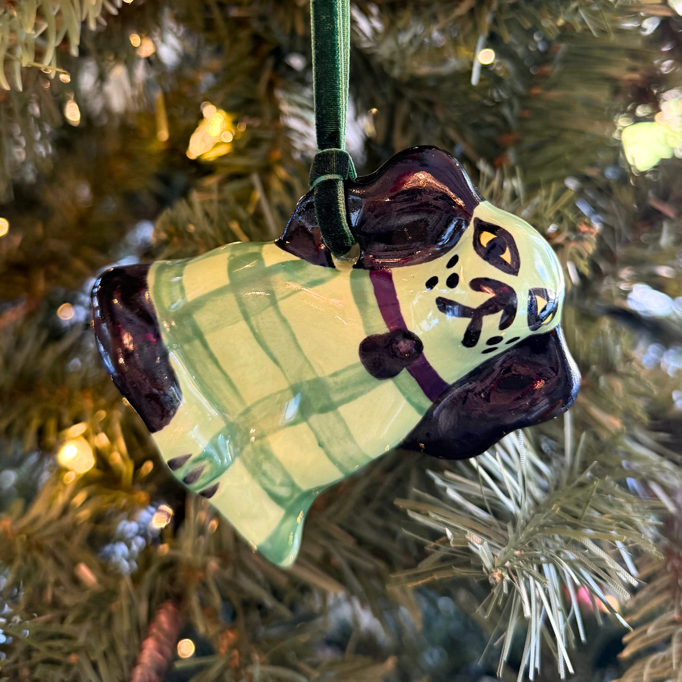 Paul Cannon Staffordshire Dog Ornament - Green Plaid