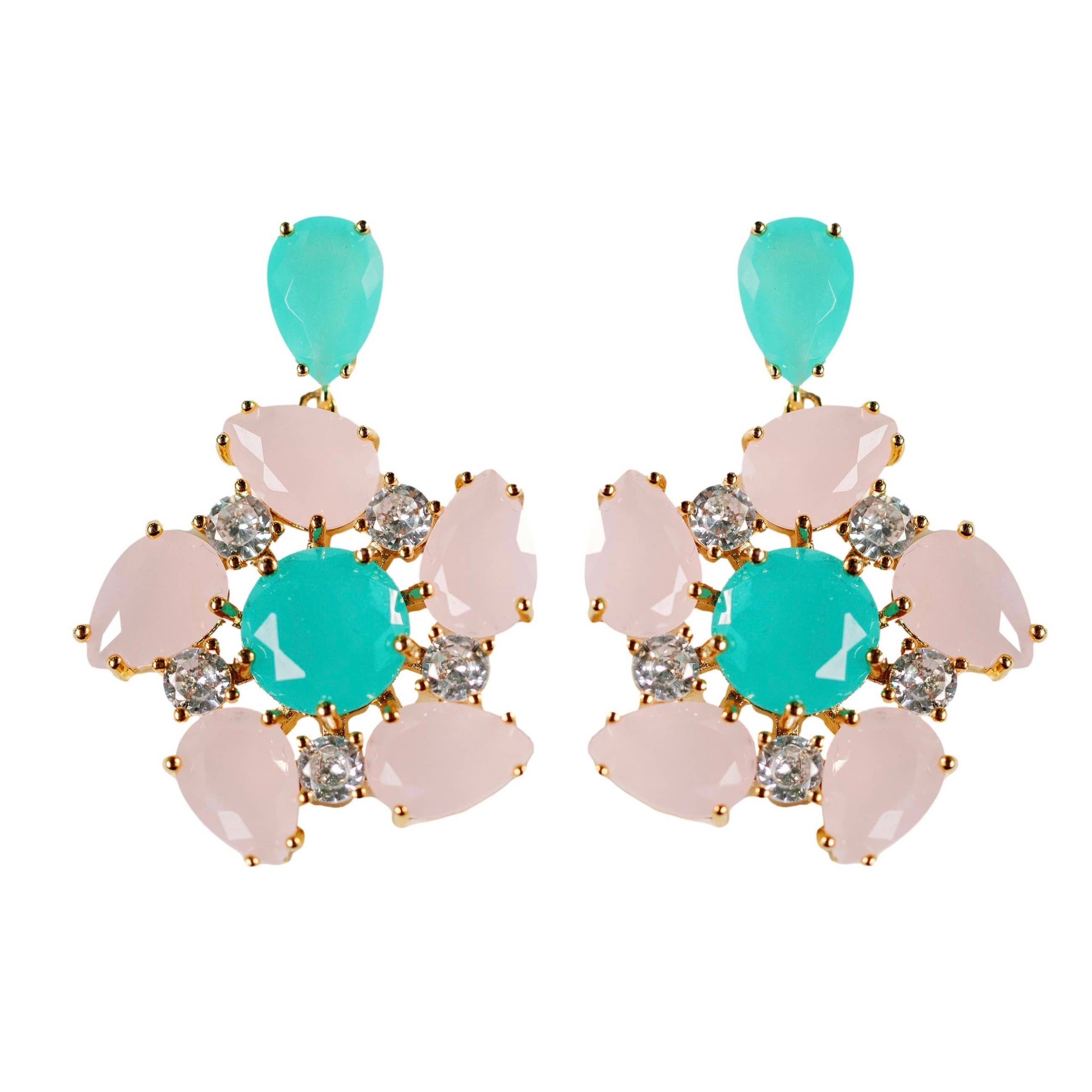 Pink and Turquoise Crystal Pinwheel Statement Earrings