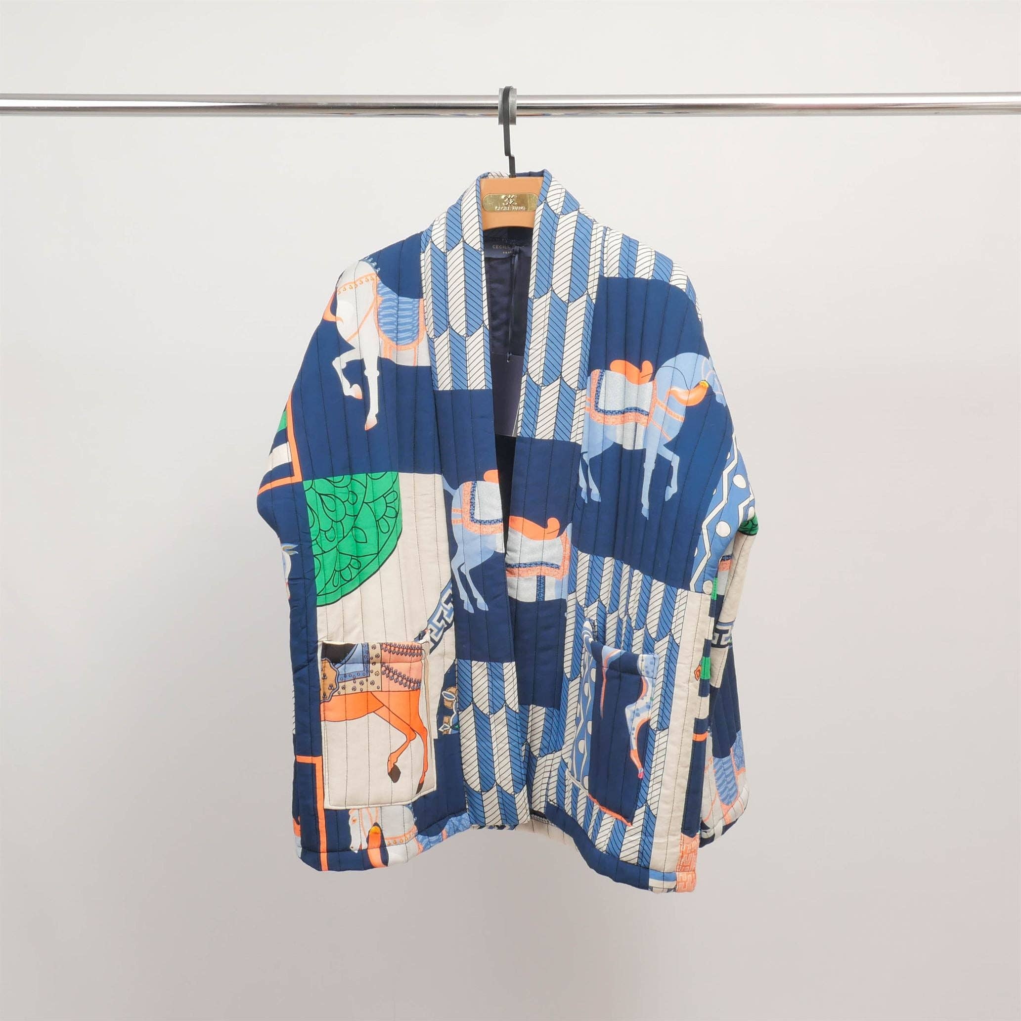 Quilted kimono horse print jacket in Navy Blue
