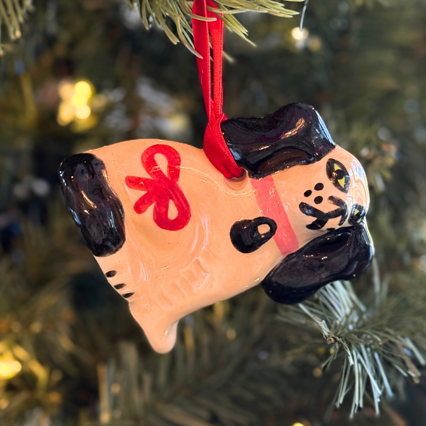 Paul Cannon Staffordshire Dog Ornament - Light Pink with Red Bow