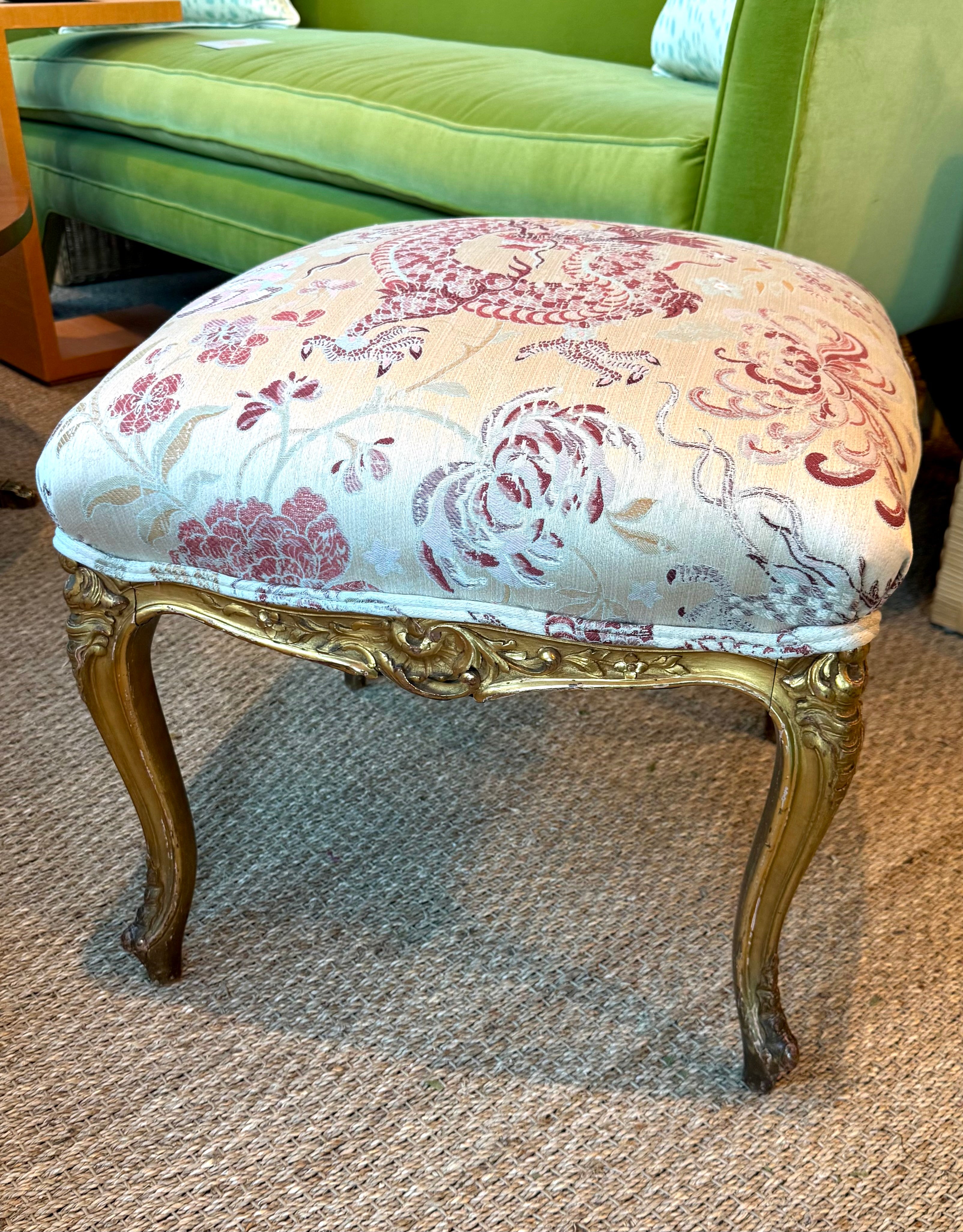 Antique Gilded Louis XVI Stool in Scalamandre Dragon Tableau