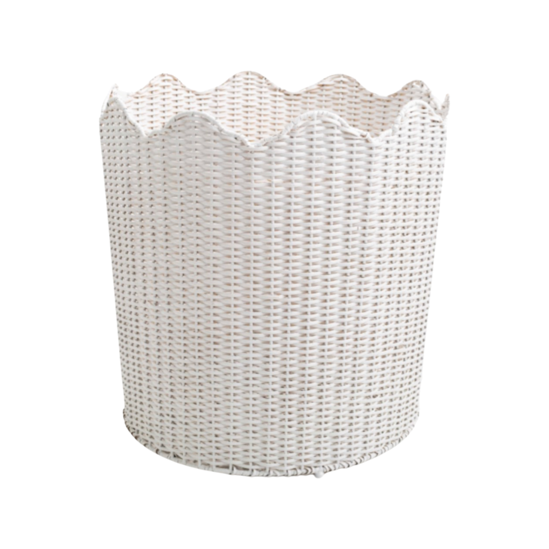Large Scalloped White Wicker Floor Planter