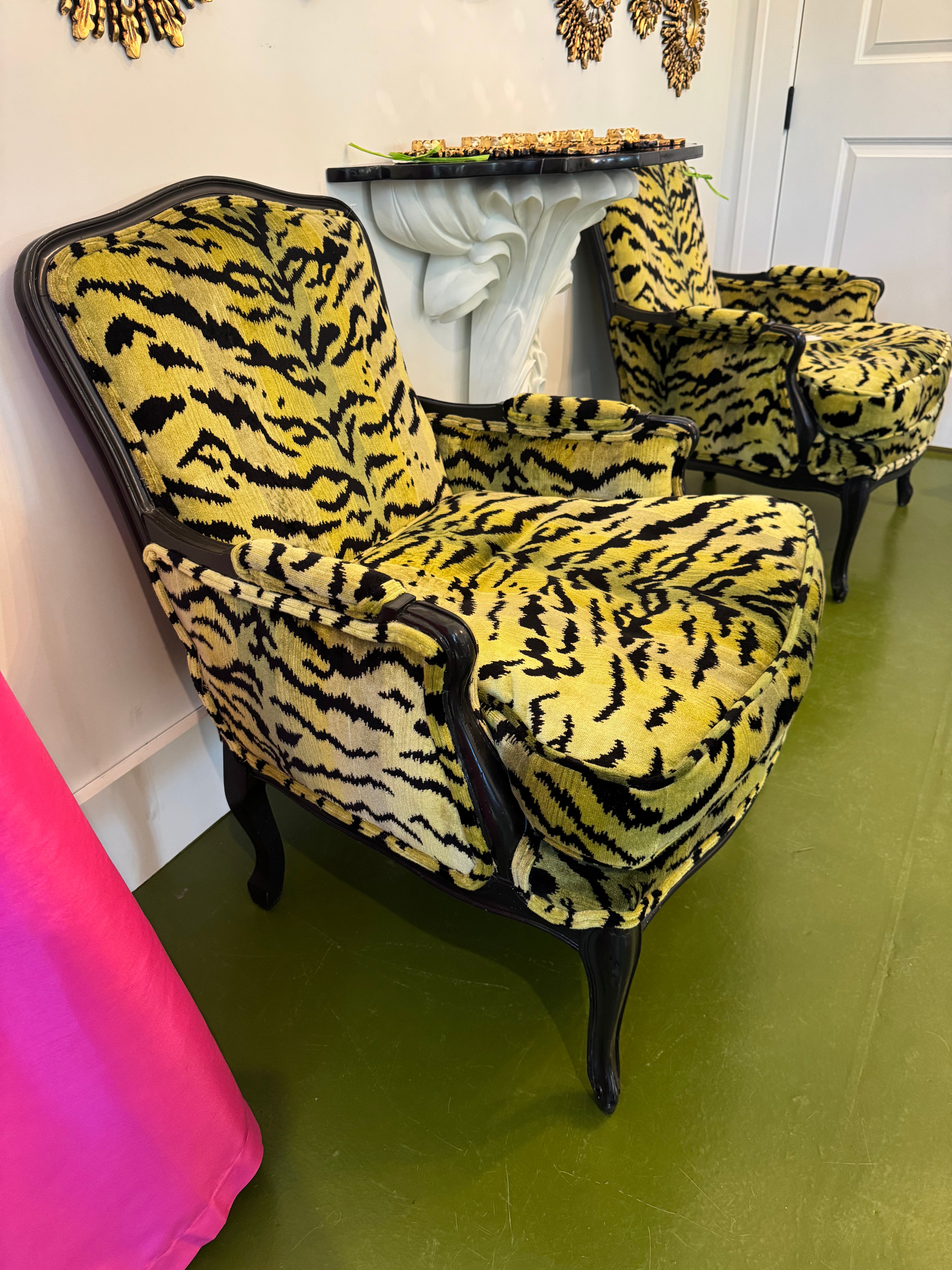 Scalamandre Le Tigre Green Chair Pair