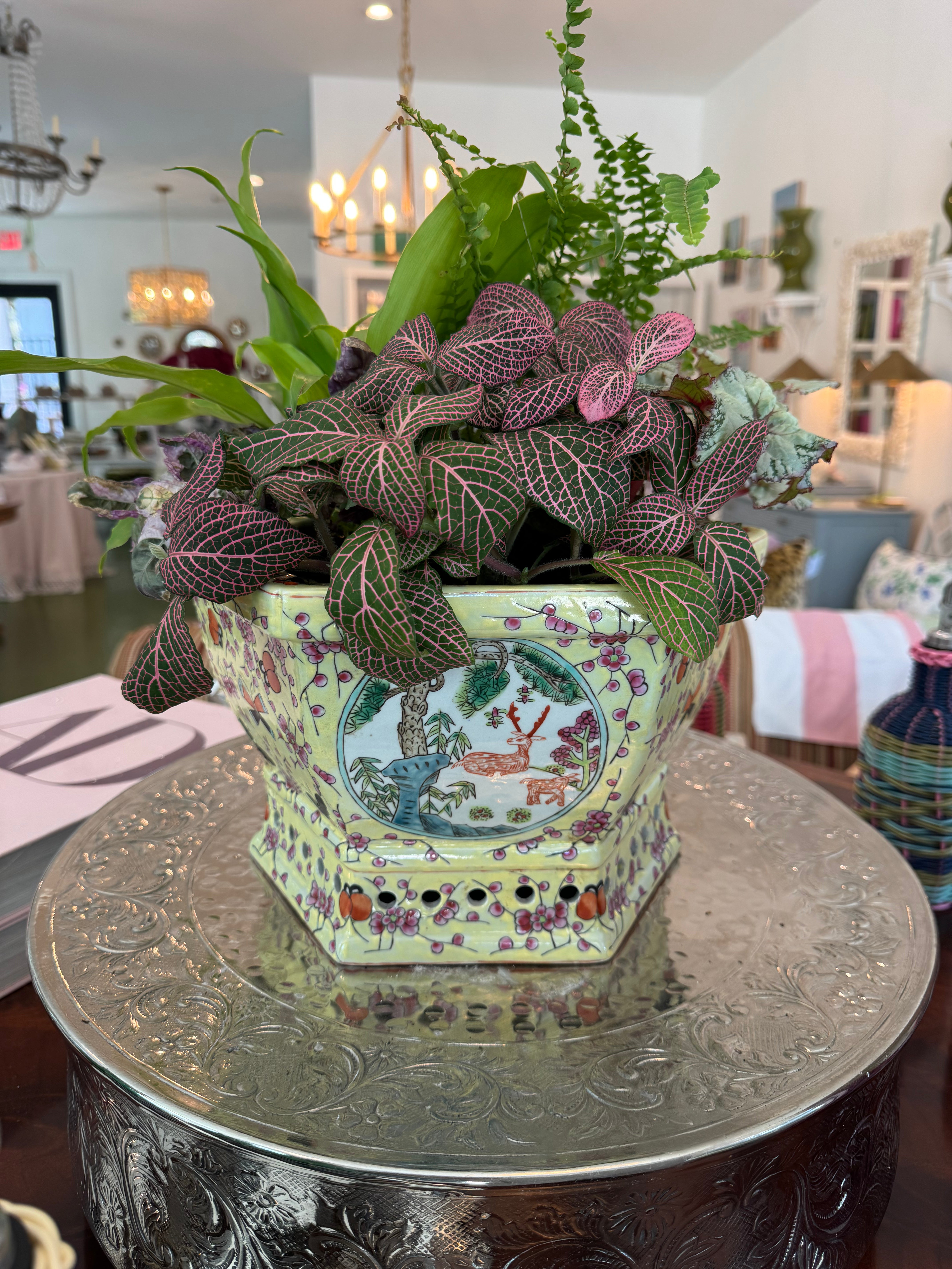 Hand Painted Old Porcelain Hexagonal Cachepot