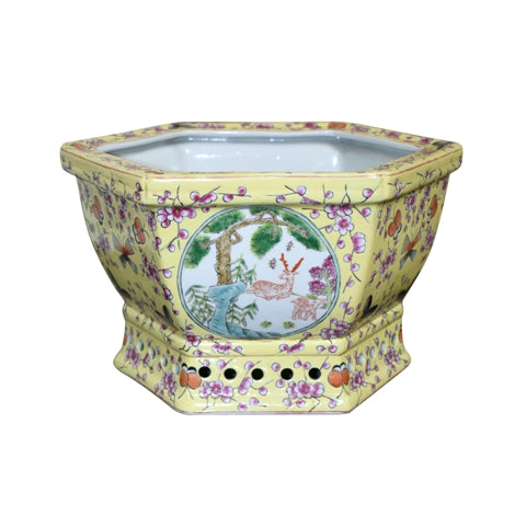 Hand Painted Old Porcelain Hexagonal Cachepot