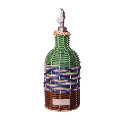 Decorative oil bottle with woven design on a purple background
