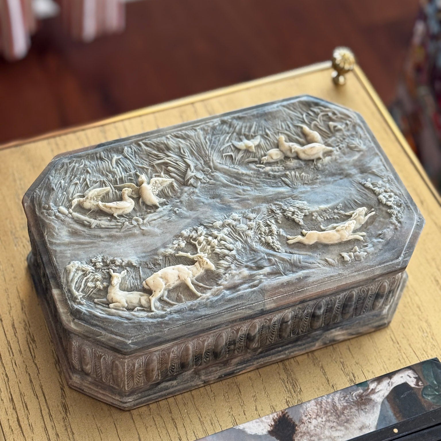 Large Vintage Incolay Stone Wildlife Box with Deer & Birds