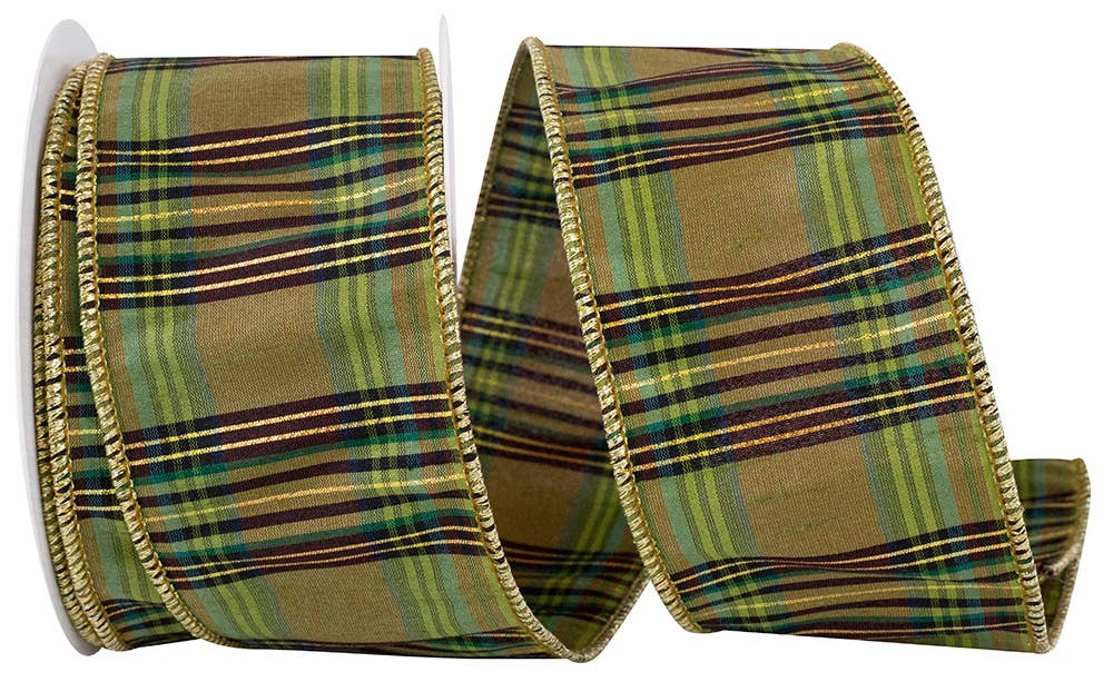 Woodland Plaid Dupioni Wired Edge Ribbon, Moss, 2-1/2 In