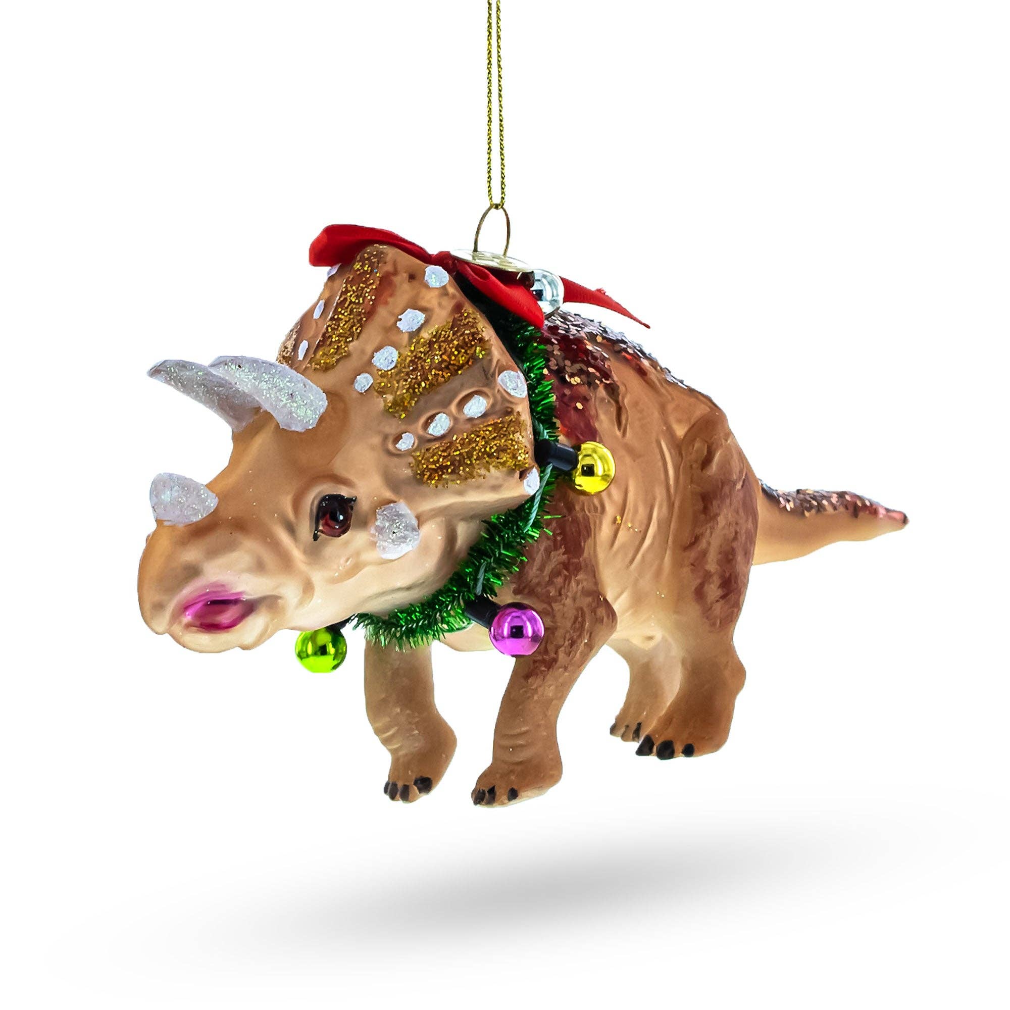 Prehistoric Dinosaur in Wreath Glass Christmas Ornament