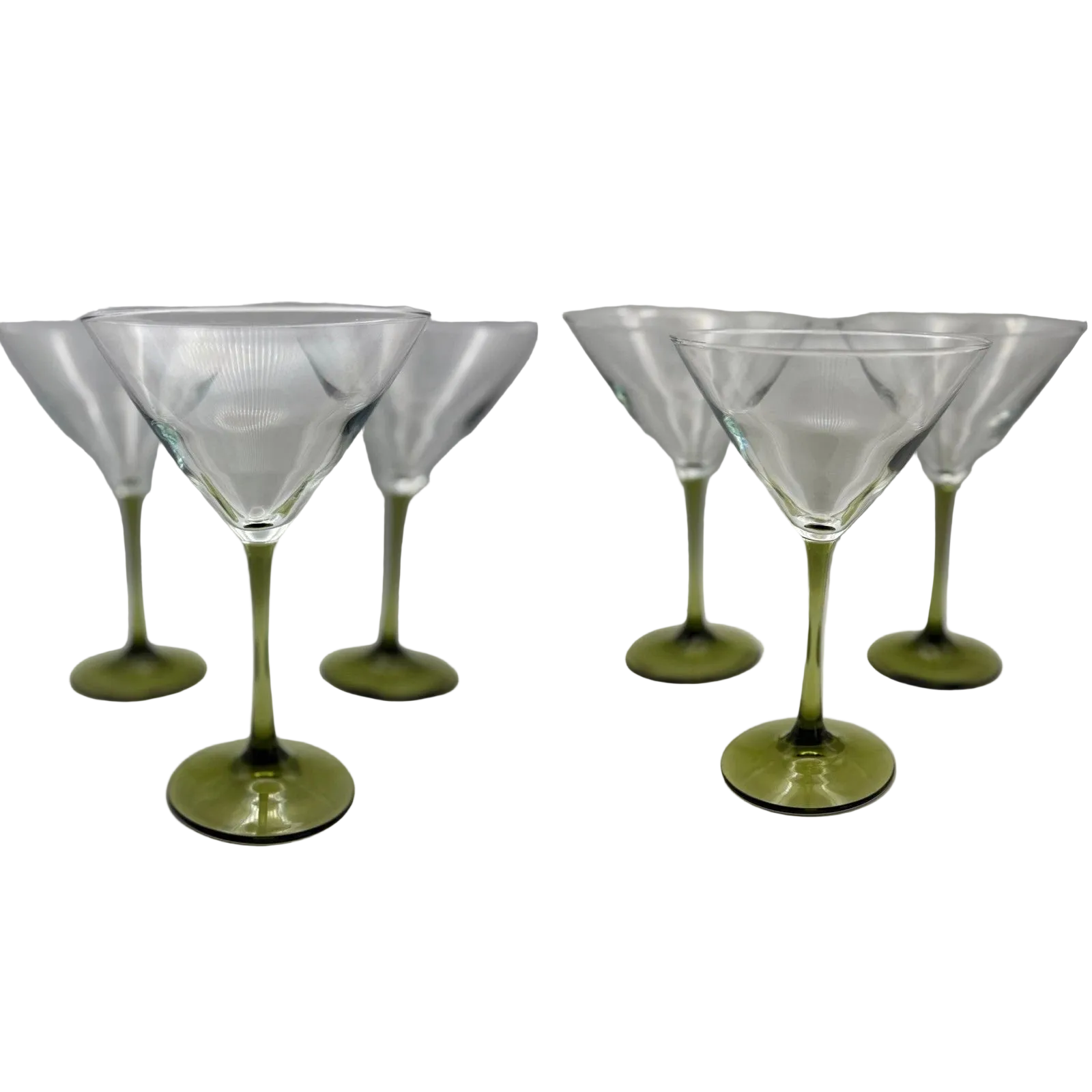 Four clear stemmed martini glasses with olive-green bases, shown in a split two-by-two arrangement on a light gray background.