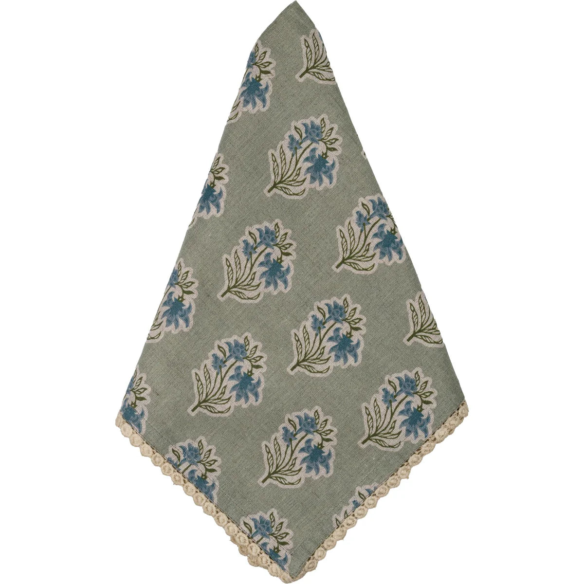 Sage Green & Blue Flower Napkin with Floral Lace Edge - Set of 4