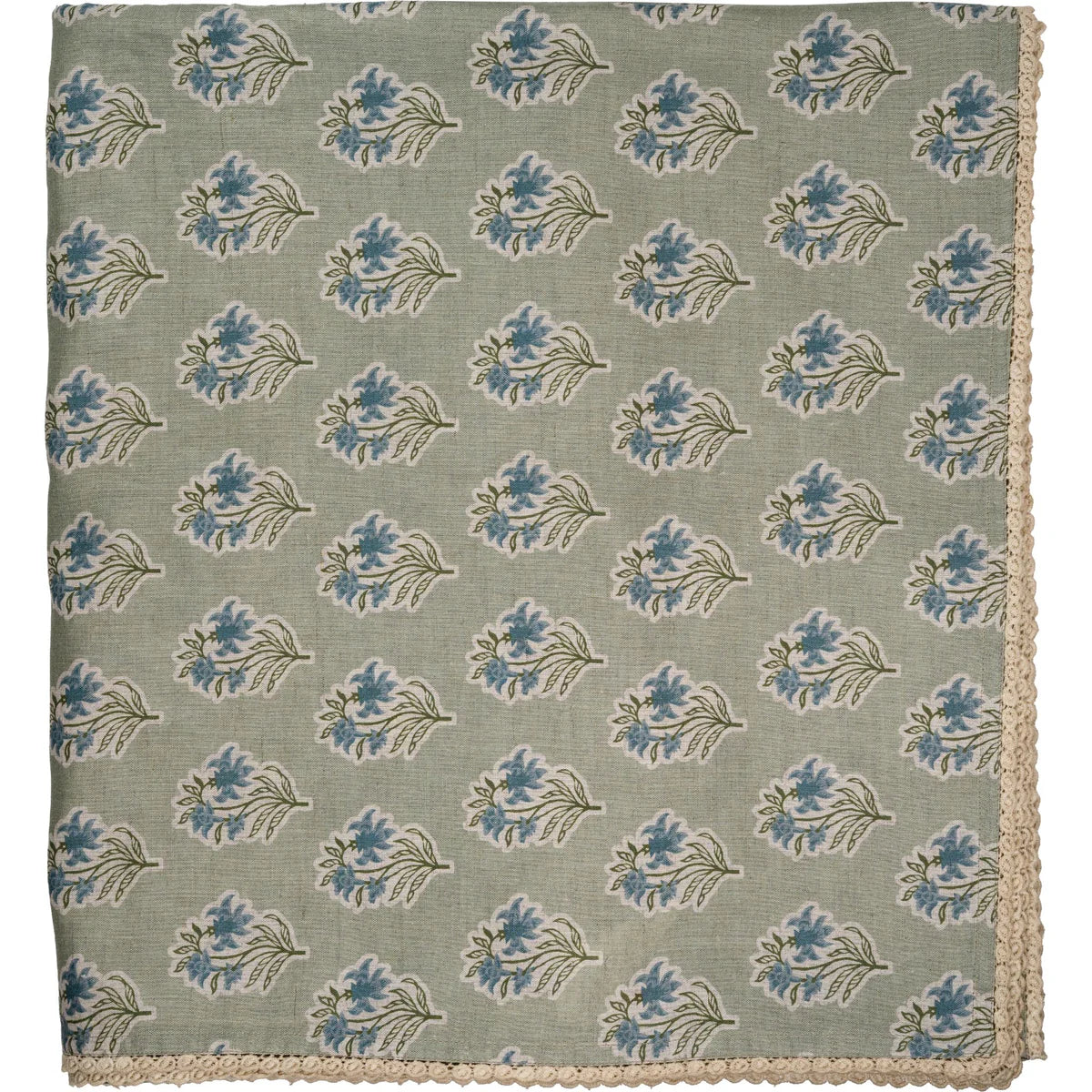 Sage Green & Blue Flower Tablecloth with Lace Edge